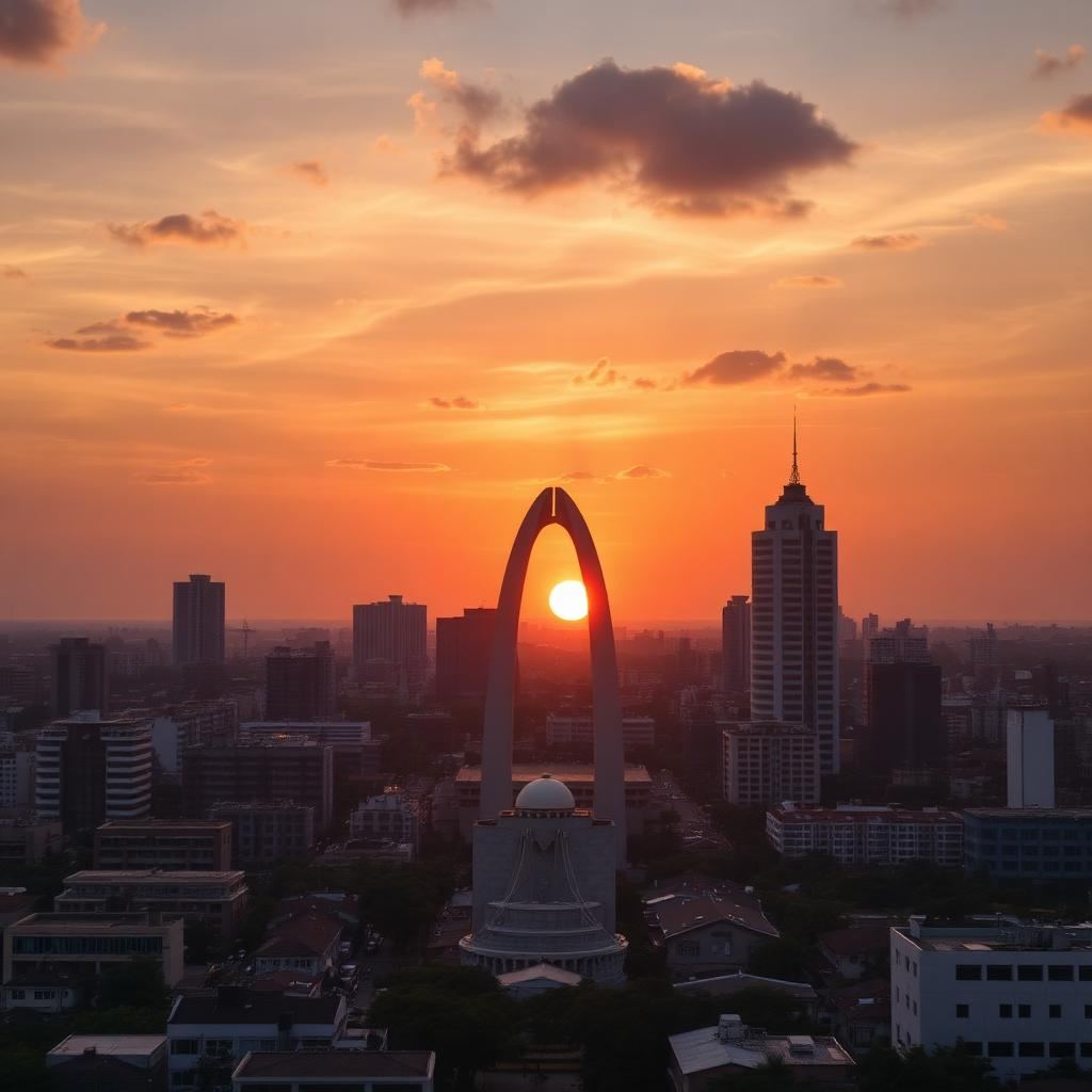 Skyline de Accra ao pôr-do-sol com Arco da Independência