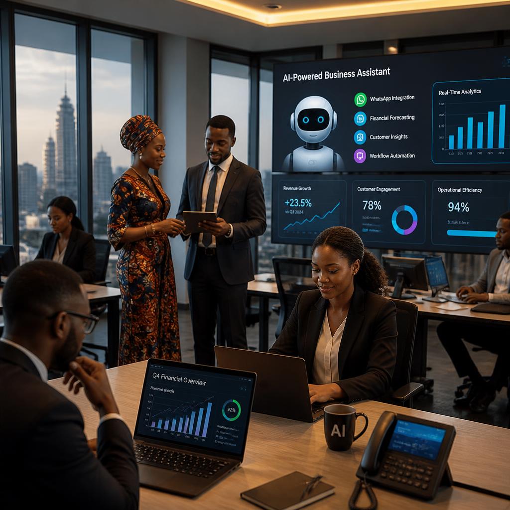 Executivos africanos a colaborar com colaboradores IA em ecrãs de dashboard num escritório moderno