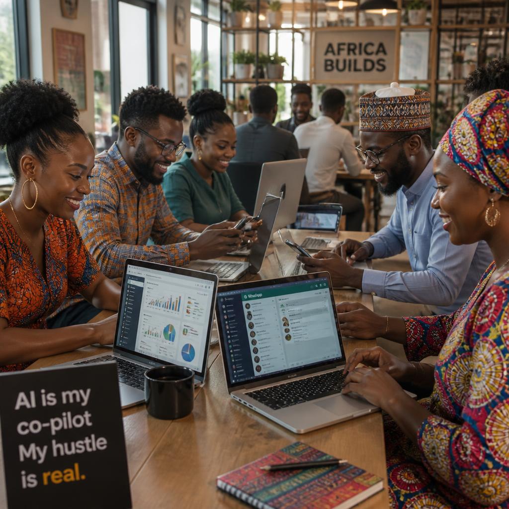 Empreendedores africanos a colaborar com IA em portáteis e smartphones num coworking em África