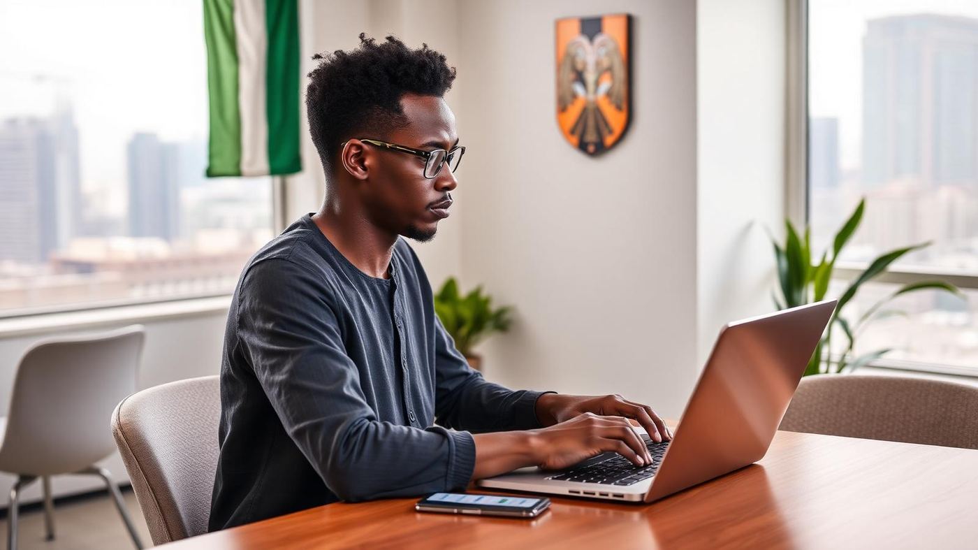 Empreendedor nigeriano em coworking de Lagos com dashboard fintech