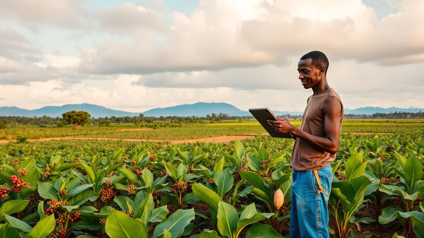 Agricultor angolano com tablet num campo de café e cacau
