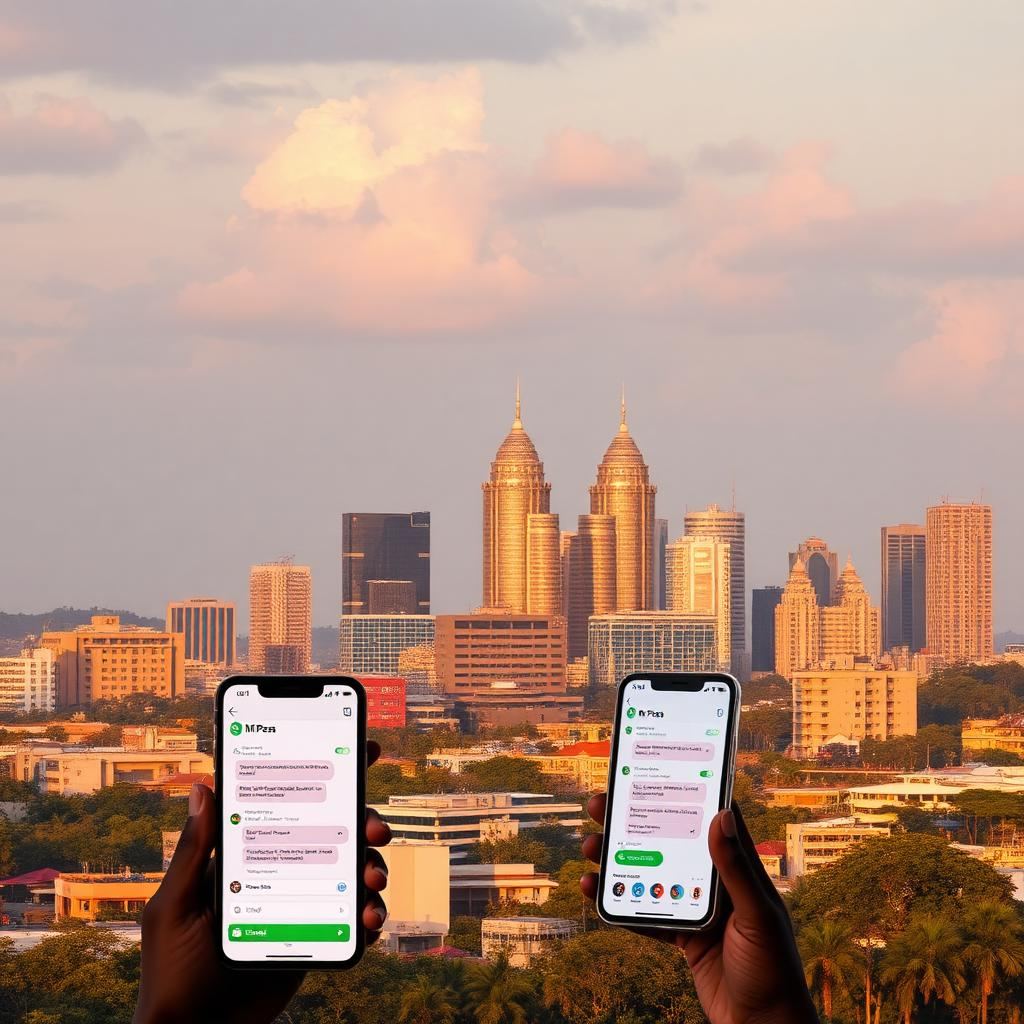 Nairobi skyline com telefones a mostrar M-Pesa e IA