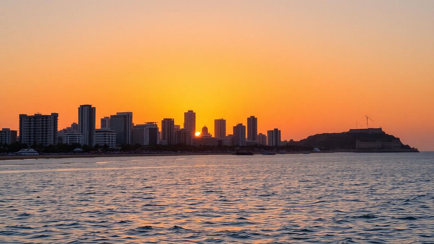 Marginal de Luanda ao pôr-do-sol com a Fortaleza de São Miguel