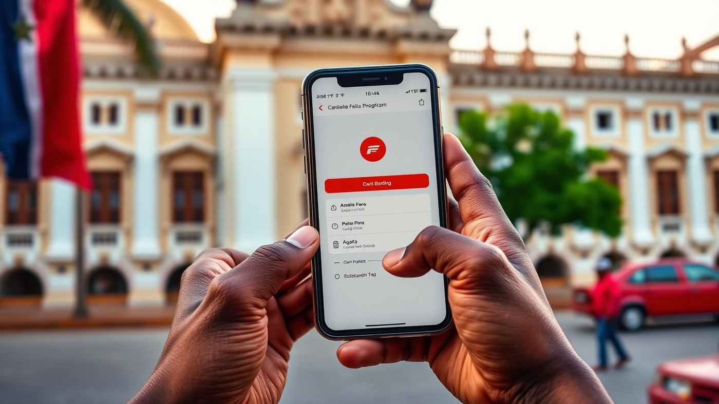 Mãos com smartphone e app bancária em frente ao Palácio de Ferro, Luanda