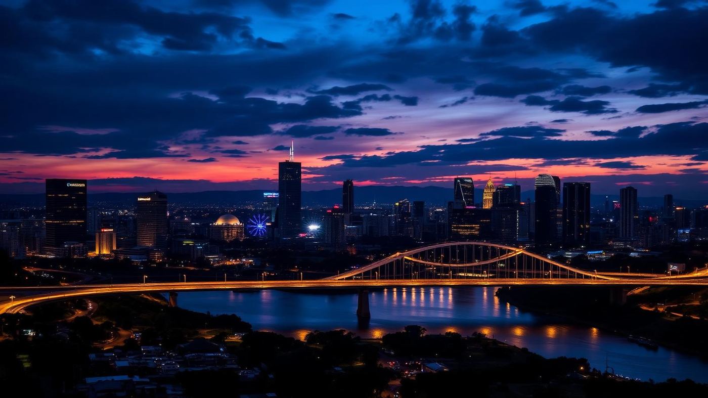 Skyline de Joburg com Nelson Mandela Bridge iluminada