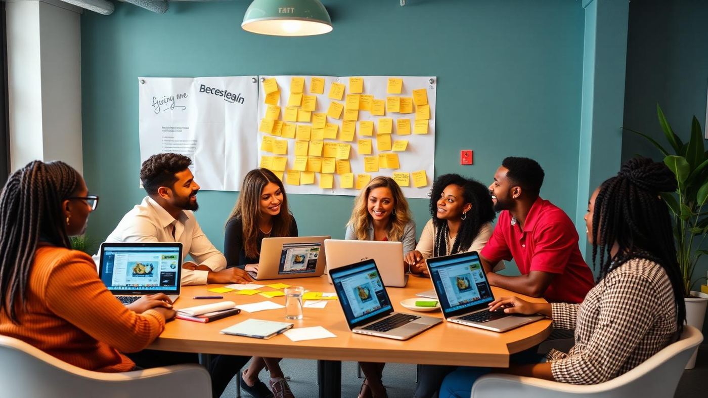 Equipa criativa de marketing numa agência em Cape Town com laptops e post-its