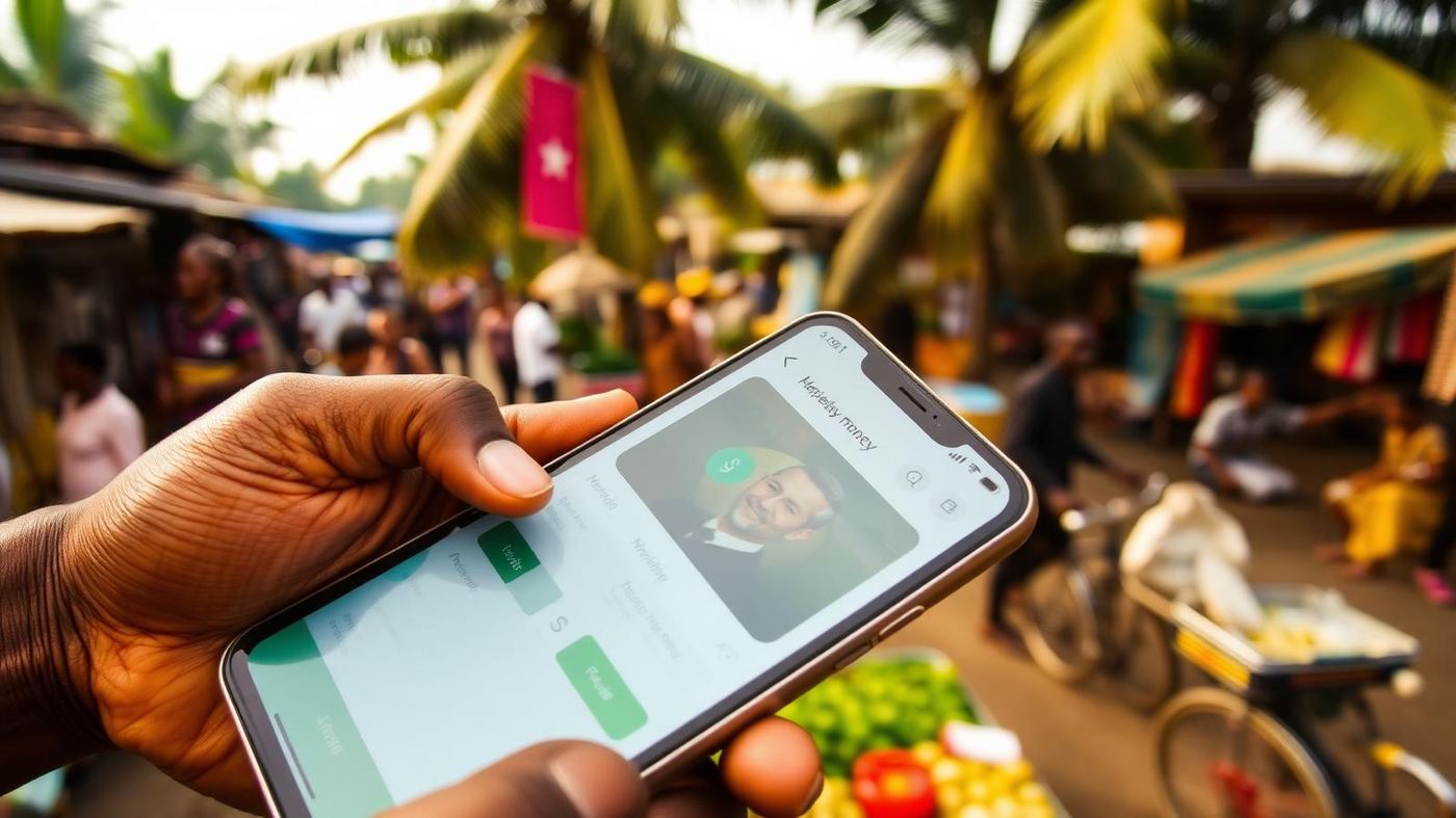 Mão a segurar smartphone com transferência mobile money no mercado de Maputo