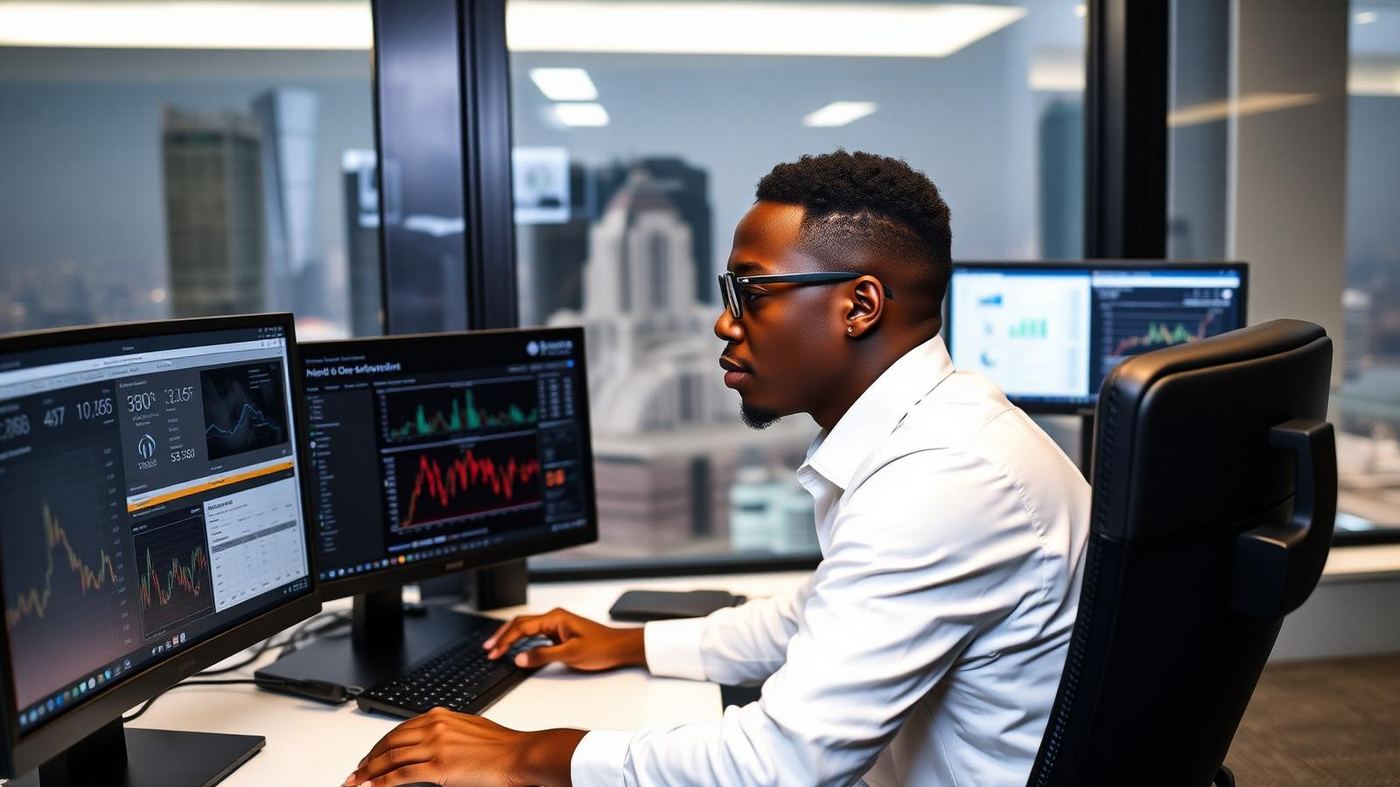 Profissional fintech nigeriano em escritório de Lagos