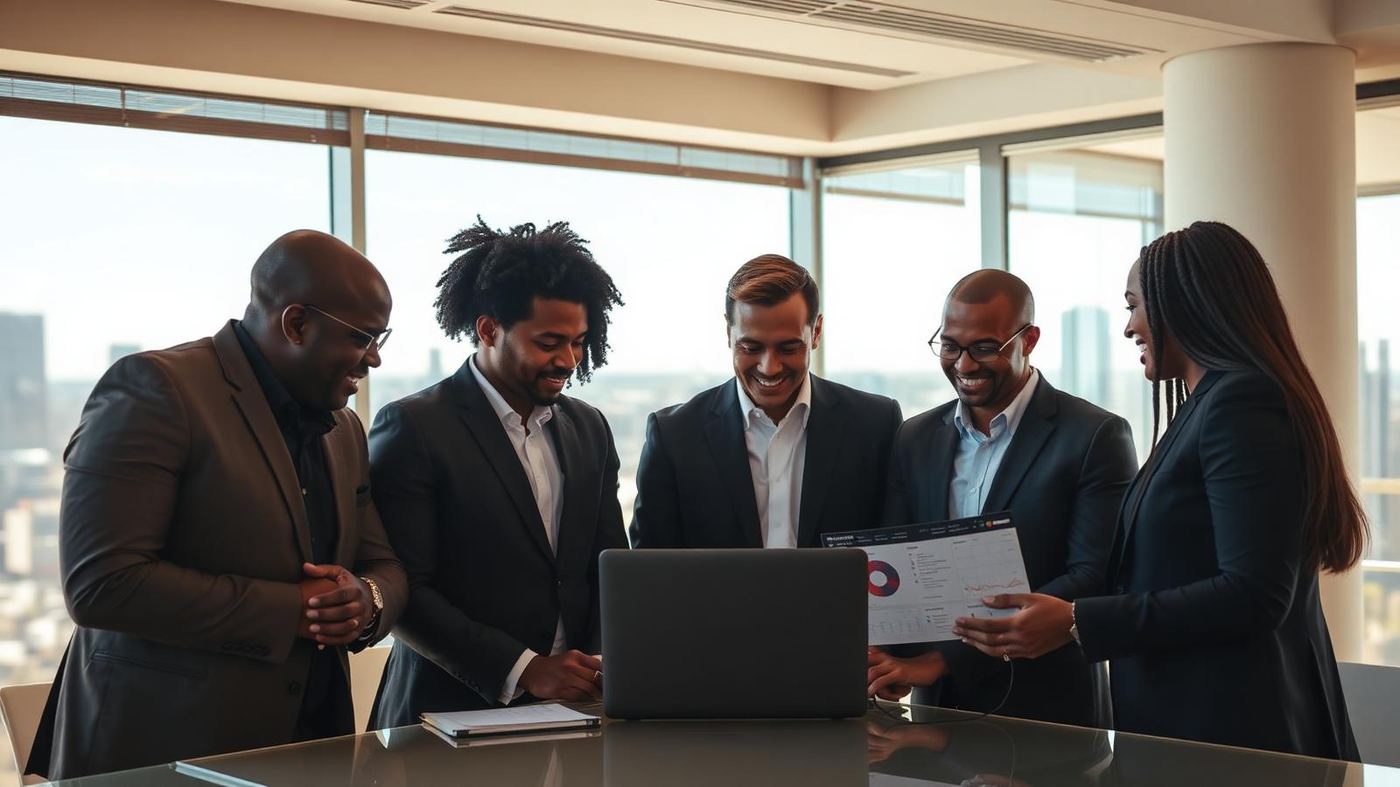 Equipa de vendas sul-africana num escritório em Sandton, Joanesburgo