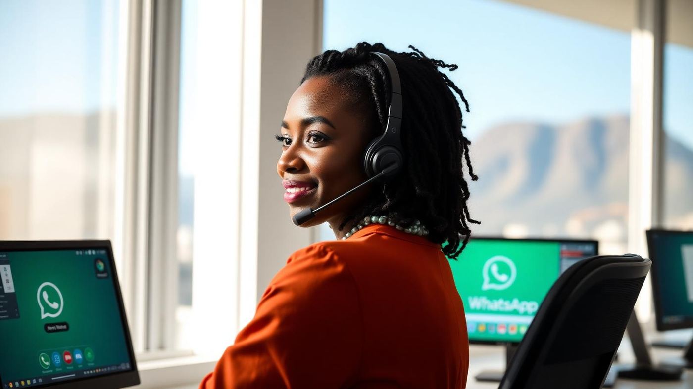 Agente de apoio ao cliente em Cape Town com auscultadores e monitores de WhatsApp
