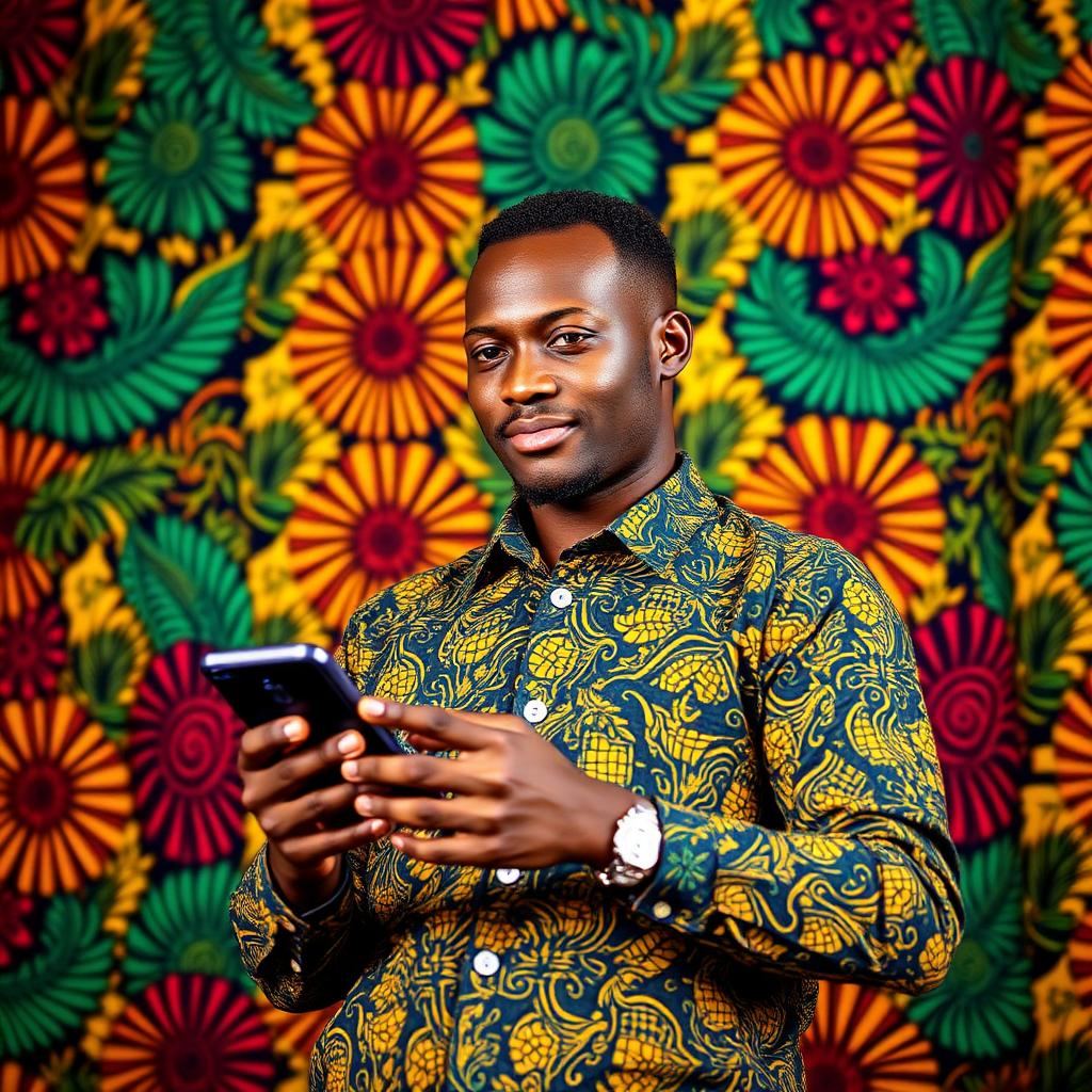 Comerciante ganês em Kumasi a usar WhatsApp com IA
