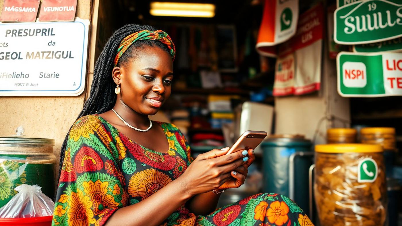 Empreendedora moçambicana em capulana a usar WhatsApp Business em Maputo